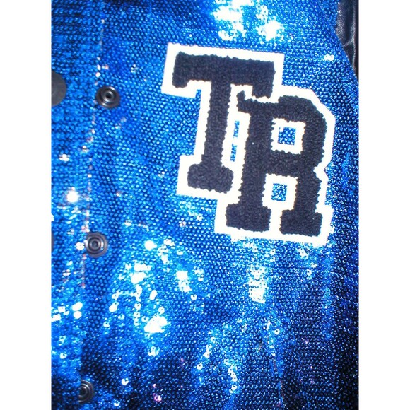 New NWT $448 Womens True Religion Varsity Leather Sequin Jacket XS Blue Black - Picture 5 of 8